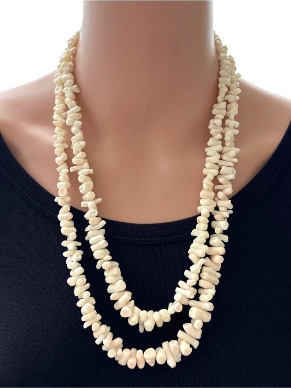 Vintage Coral Necklace Double Strand High Polish White Salmon Pink